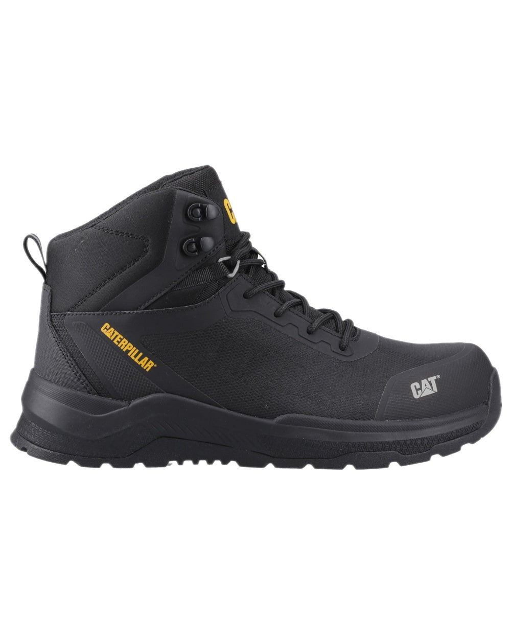 Black Coloured Caterpillar Mens Inductor Mesh Mid Safety Boots on white background 