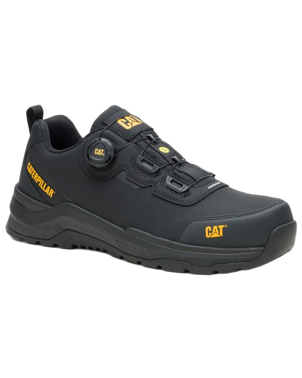Black Coloured Caterpillar Mens Inductor Tech Low Safety Trainers on white background 