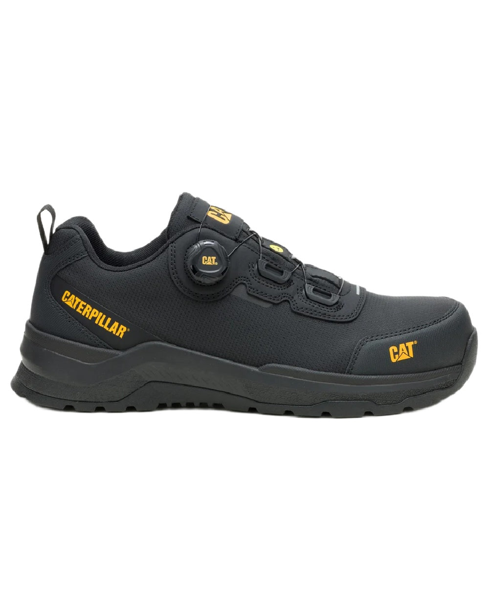 Black Coloured Caterpillar Mens Inductor Tech Low Safety Trainers on white background 