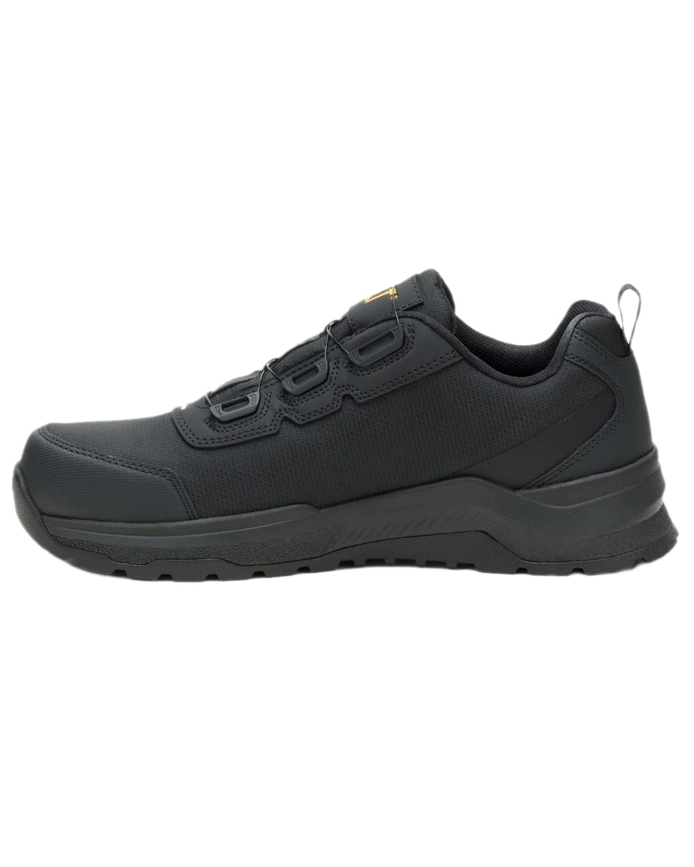 Black Coloured Caterpillar Mens Inductor Tech Low Safety Trainers on white background 