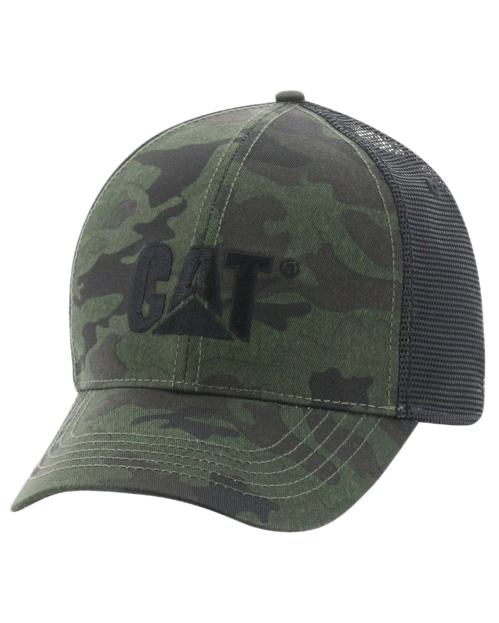 Night Camo Coloured Caterpillar Raised Logo Cap on white background 
