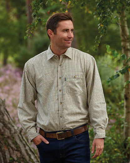 Beige Stone coloured Champion Cartmel Micro Fleece Lined Tattersall Shirt on forest background 