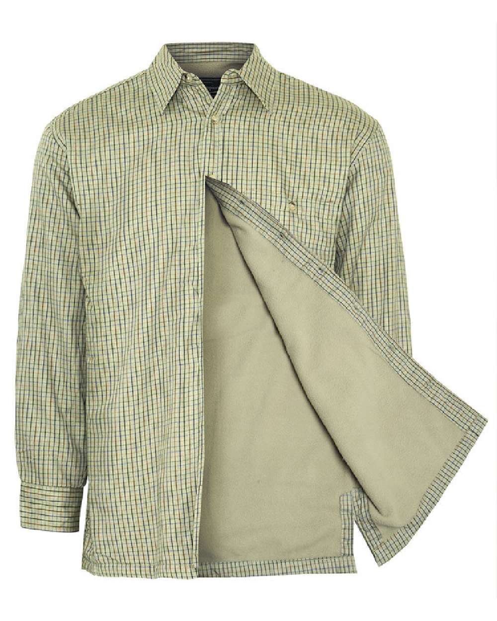 Green Olive coloured Champion Cartmel Micro Fleece Lined Tattersall Shirt on white background 