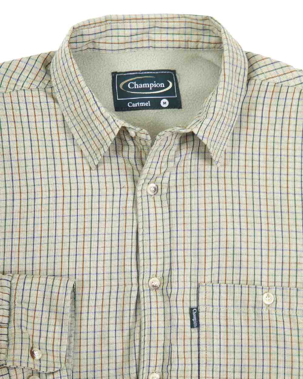 Green Olive coloured Champion Cartmel Micro Fleece Lined Tattersall Shirt on white background 