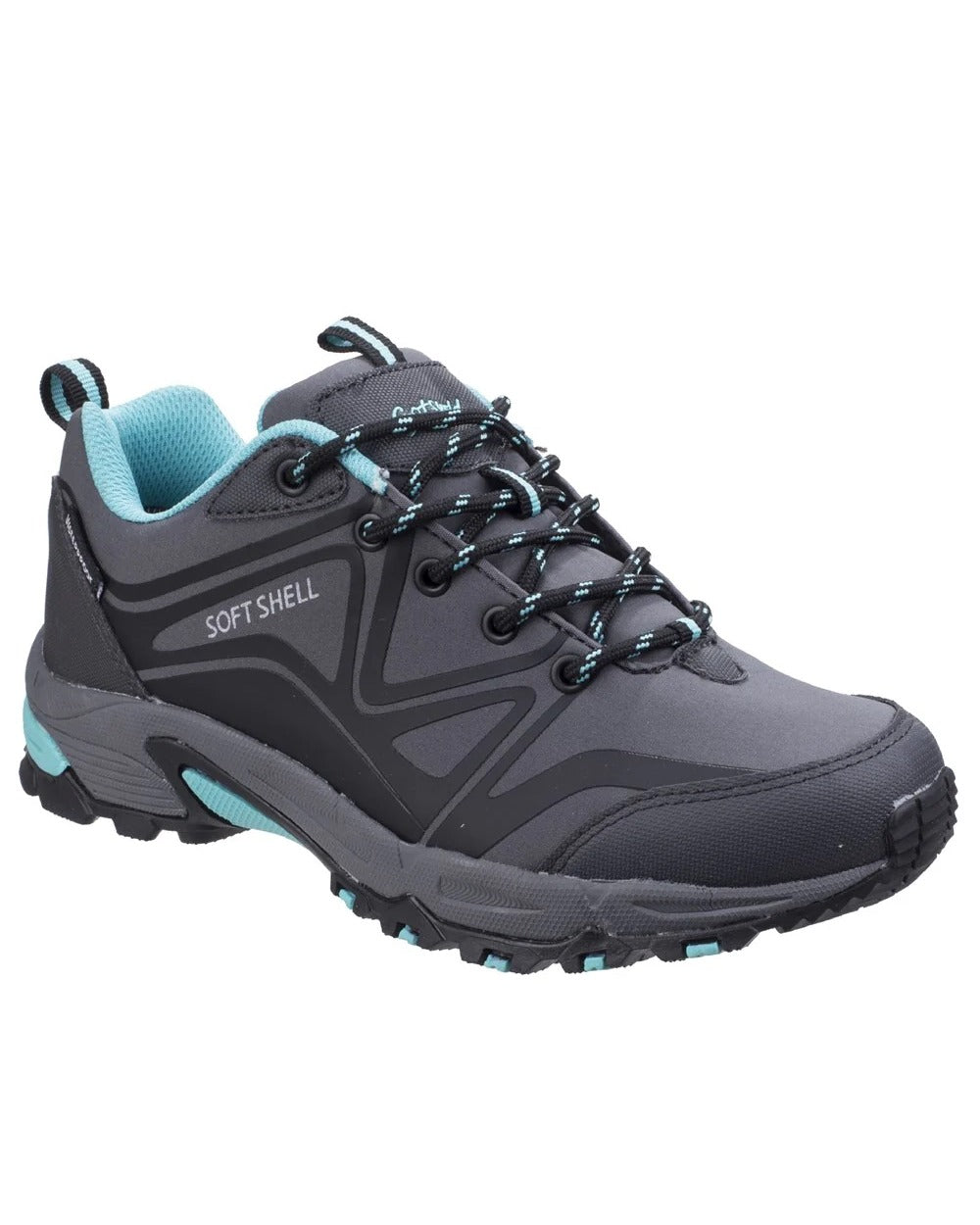 Grey/Black/Aqua coloured Cotswold Womens Abbeydale Low Hiking Shoes on white background