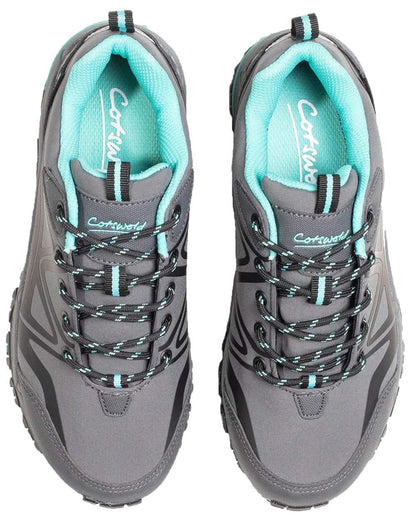 Grey/Black/Aqua coloured Cotswold Womens Abbeydale Low Hiking Shoes on white background 