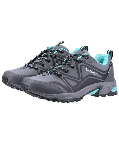 Grey/Black/Aqua coloured Cotswold Womens Abbeydale Low Hiking Shoes on white background 