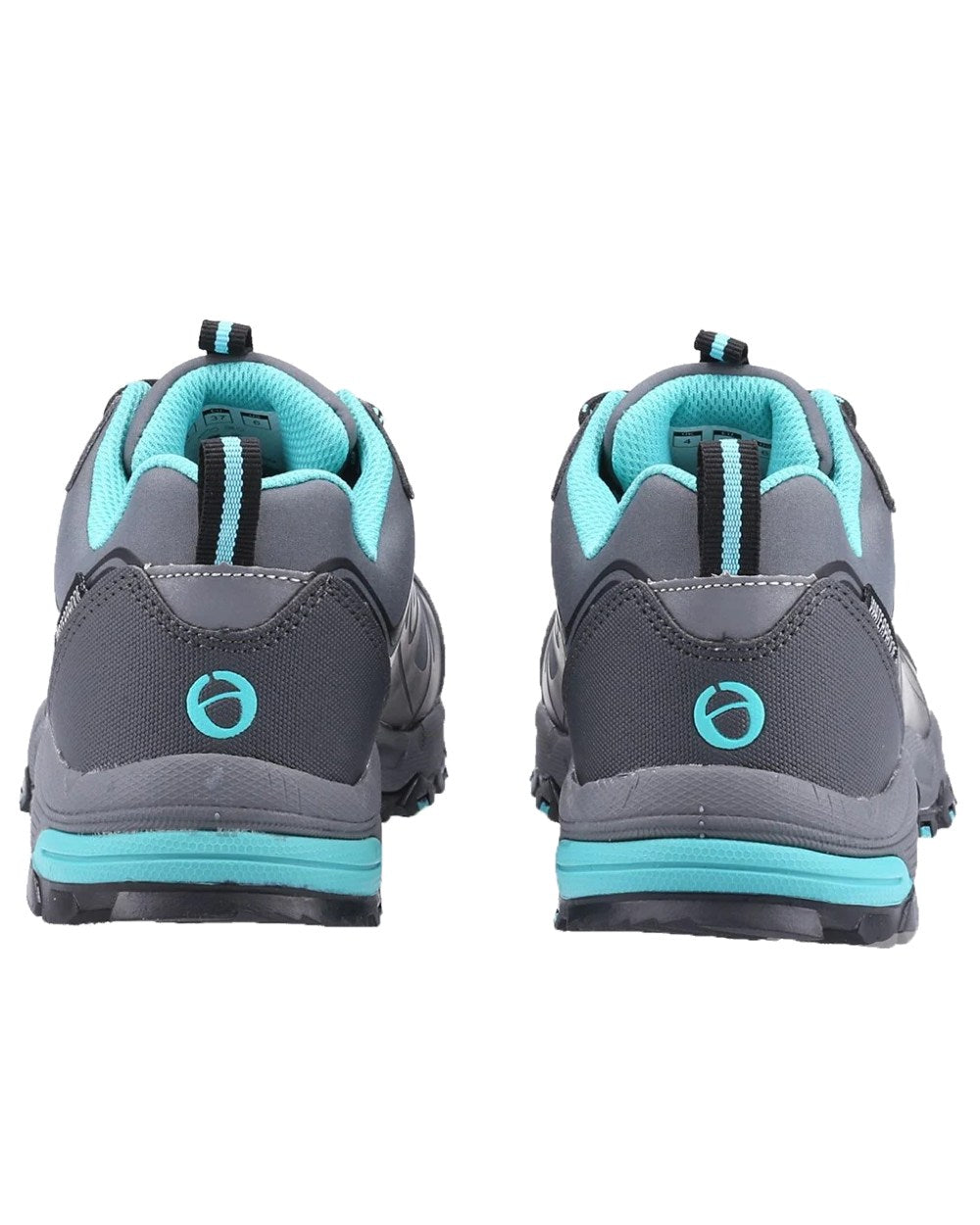 Grey/Black/Aqua coloured Cotswold Womens Abbeydale Low Hiking Shoes on white background 