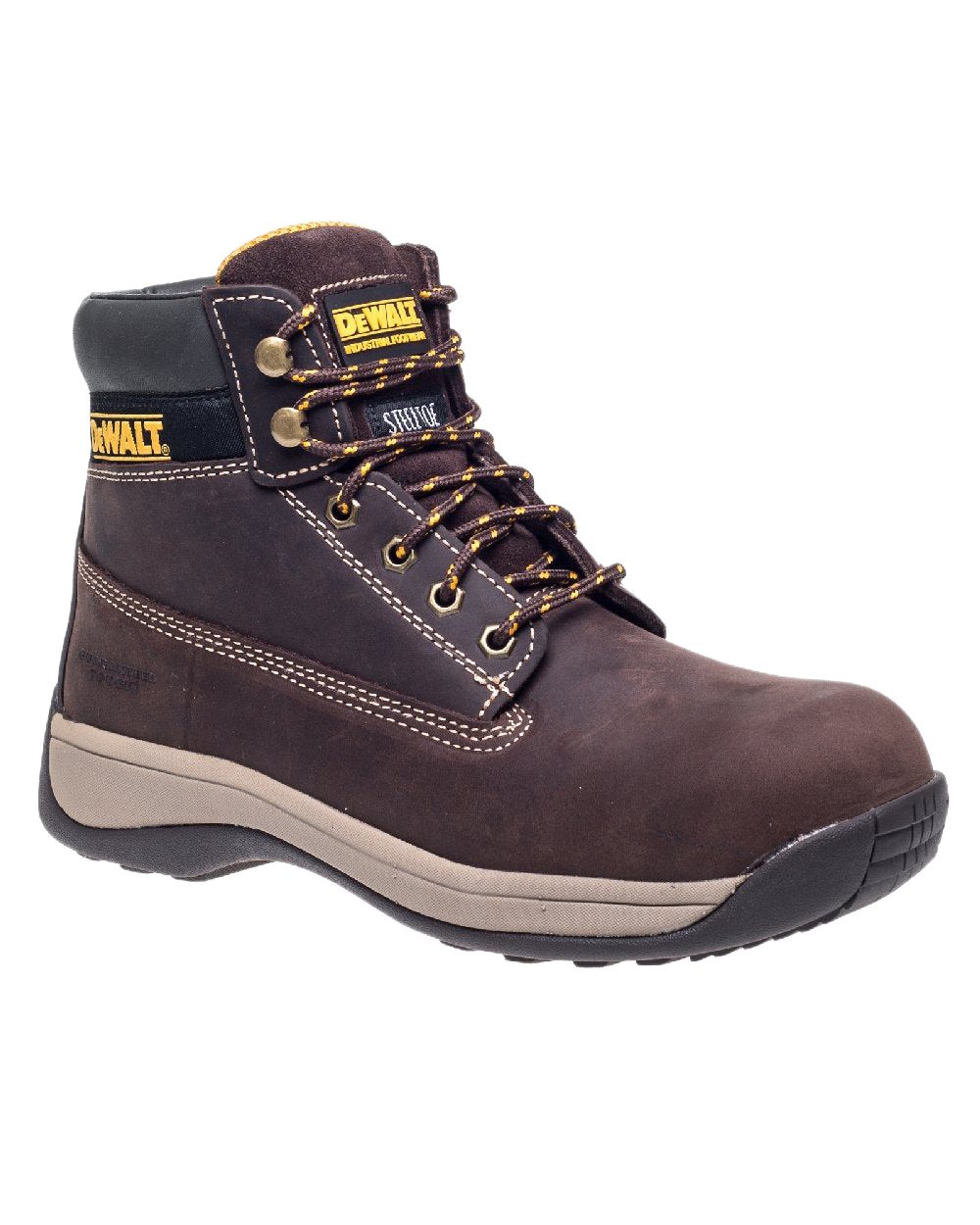 Brown Coloured DeWalt Apprentice Nubuck Safety Hiker Boots on white background 