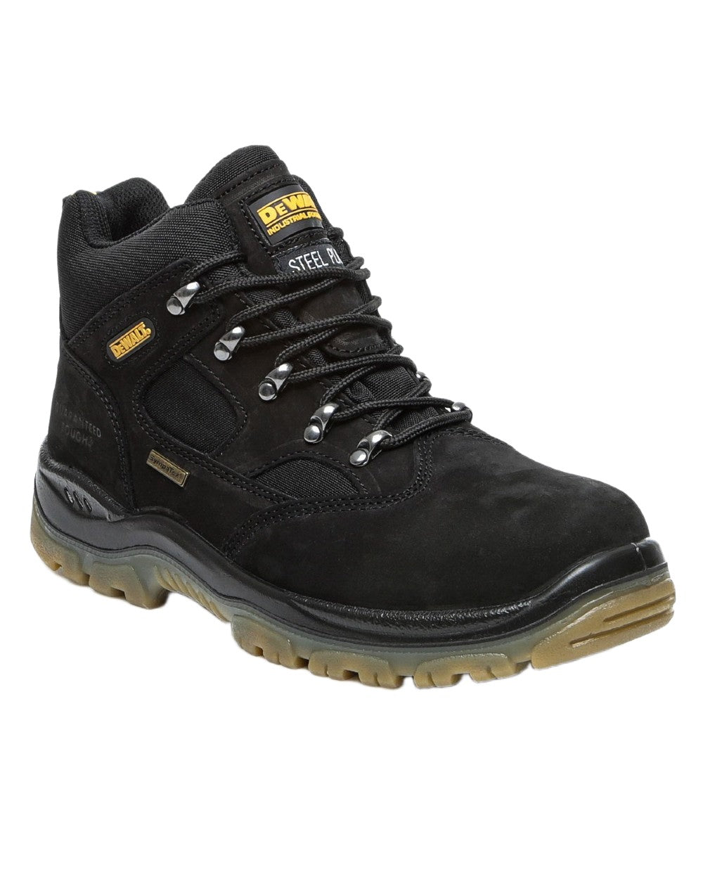 Black Coloured DeWalt Challenger Waterproof Safety Hiker Boots on white background 