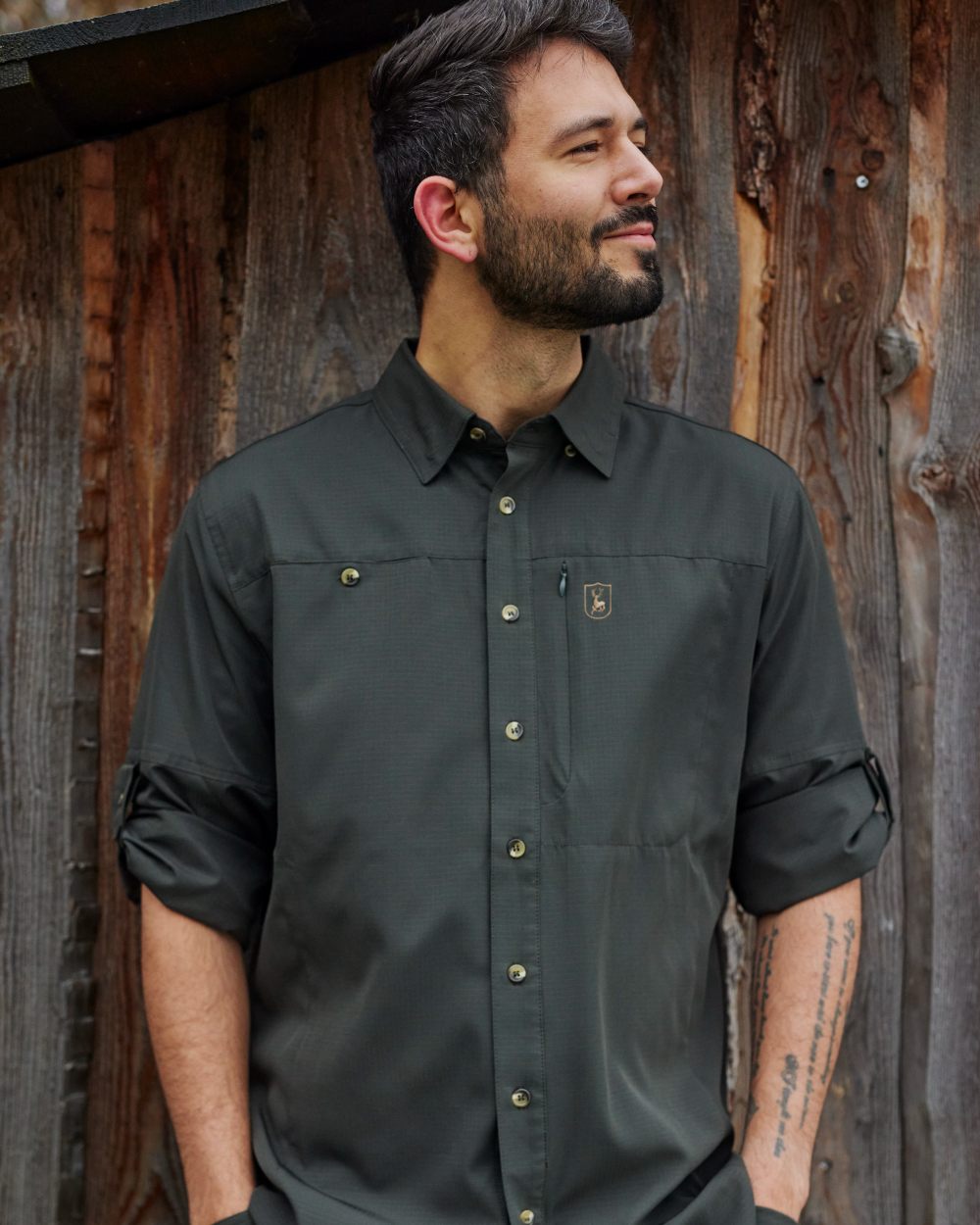 Forest Green coloured Deerhunter Canopy Shirt on wood background 