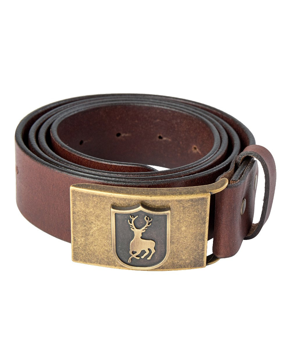 Cognac Brown coloured Deerhunter Deer Buckle Leather Belt on white background 