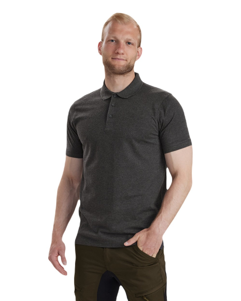 Dark Grey Melange coloured Deerhunter Gunnar Polo Shirt on white background 