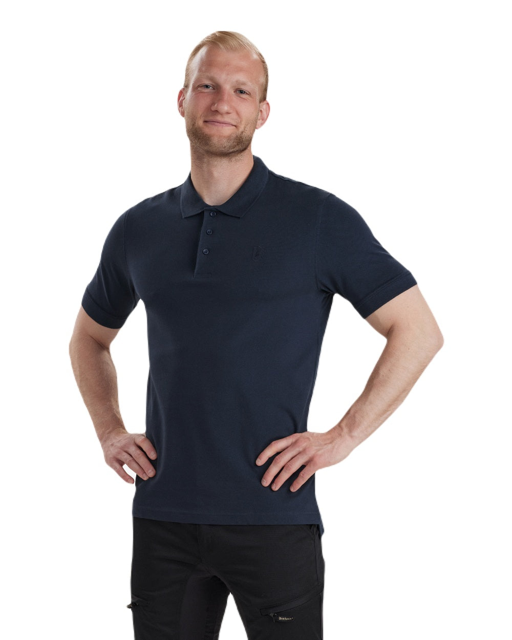 Dark Blue Deerhunter Harris Polo Shirt on white background 