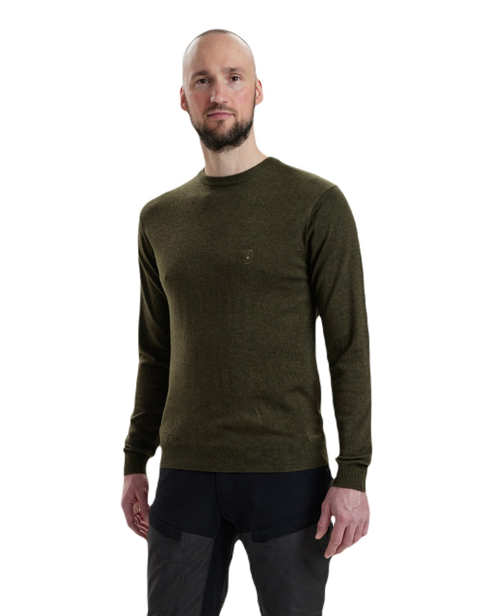 Green Melange coloured Deerhunter Kingston Knit O-Neck Jumper on white background 