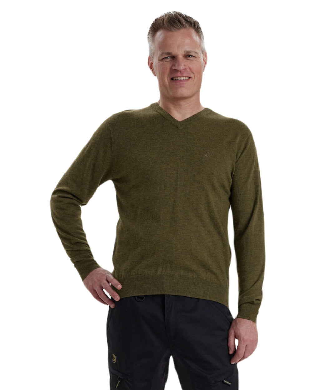 Cypress coloured Deerhunter Kingston Knit V-Neck Jumper on white background 