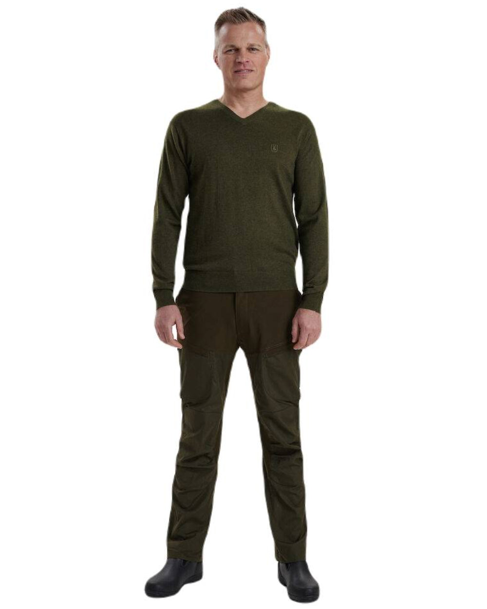 Green Melange coloured Deerhunter Kingston Knit V-Neck Jumper on white background 