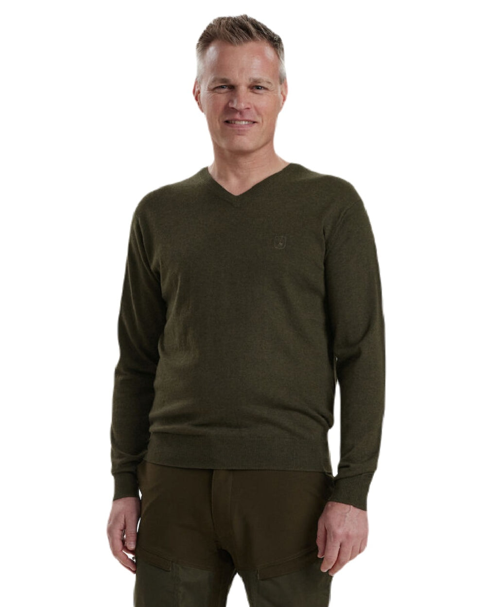 Green Melange coloured Deerhunter Kingston Knit V-Neck Jumper on white background 