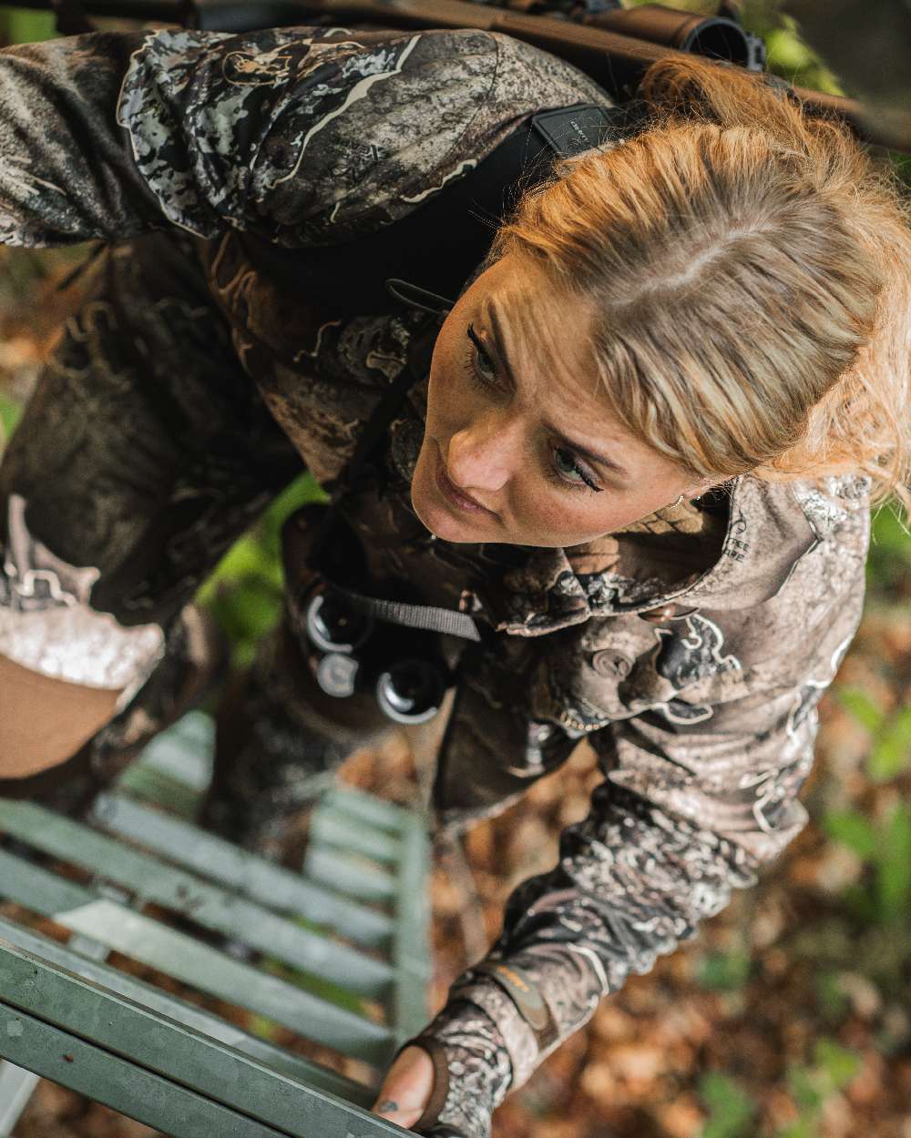 Realtree Excape coloured Deerhunter Lady Excape Softshell Jacket on stairs background 