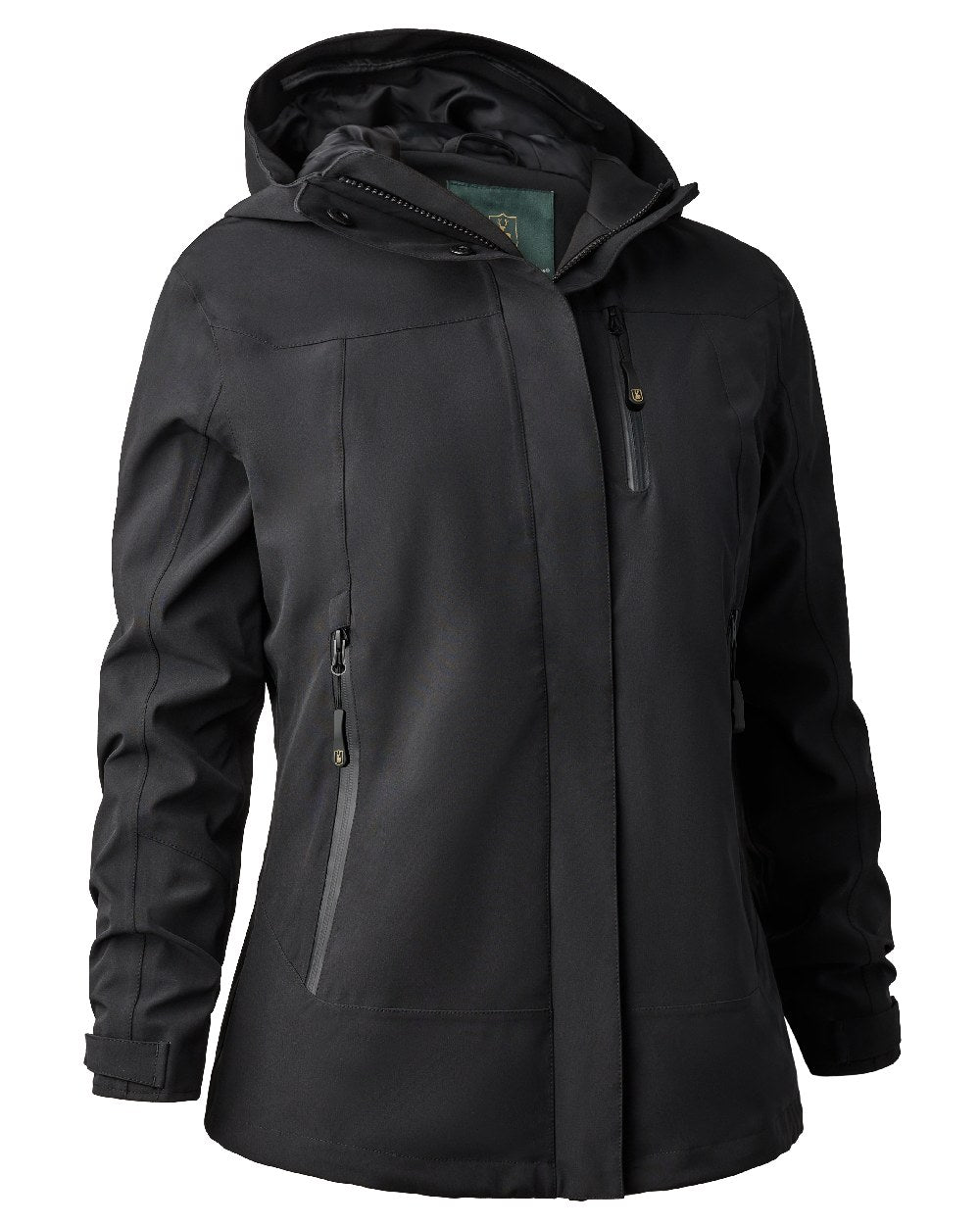 Black coloured Deerhunter Lady Sarek Shell Jacket with Hood on white background 