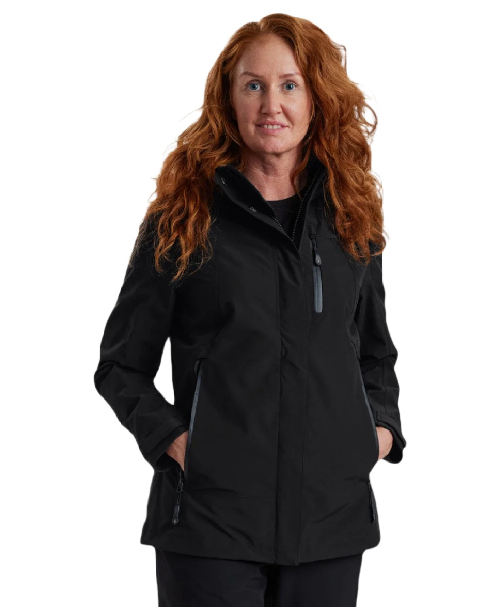 Black coloured Deerhunter Lady Sarek Shell Jacket with Hood on white background 