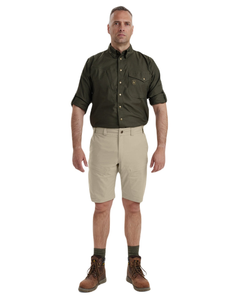 Beige coloured Deerhunter Matobo Shorts on white background 