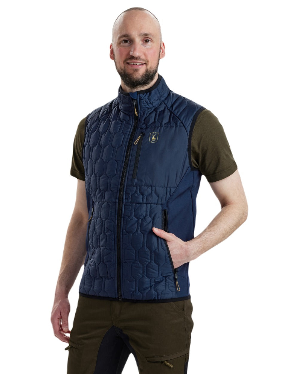 Dress Blue coloured Deerhunter Mossdale Quilted Waistcoat on white background 