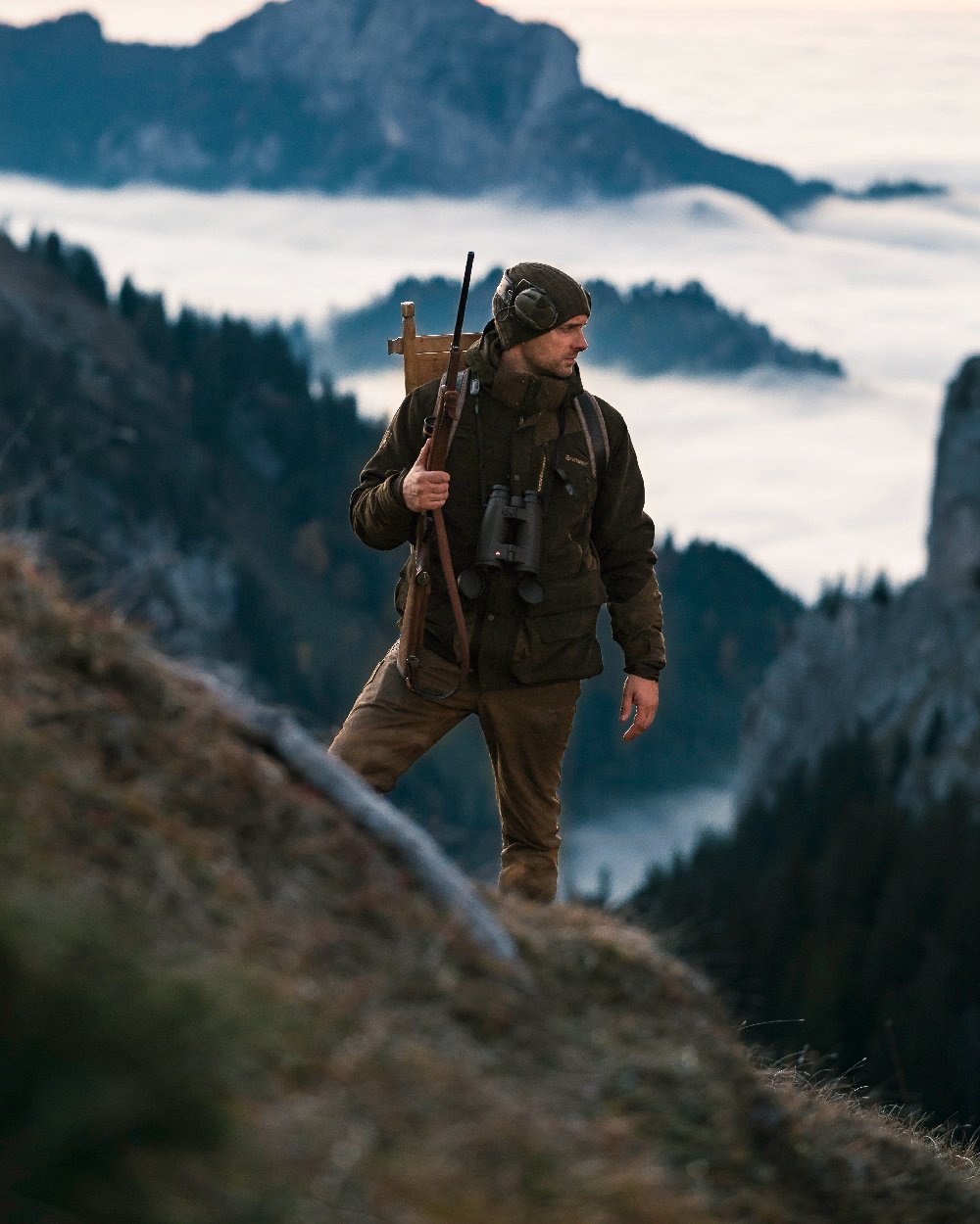 Beluga coloured Deerhunter Recon Knitted Beanie on mountain background 