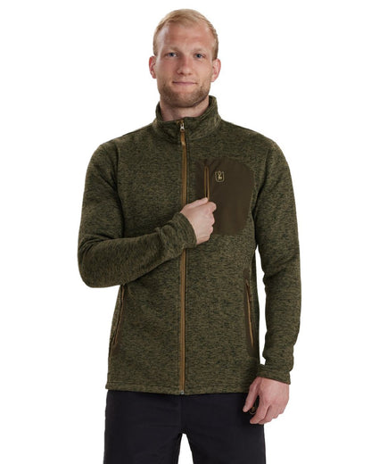 Olive Night Melange coloured Deerhunter Sarek Knitted Jacket on white background 