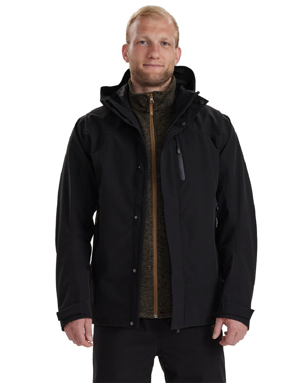 Black coloured Deerhunter Sarek Shell Jacket With Hood on white background 