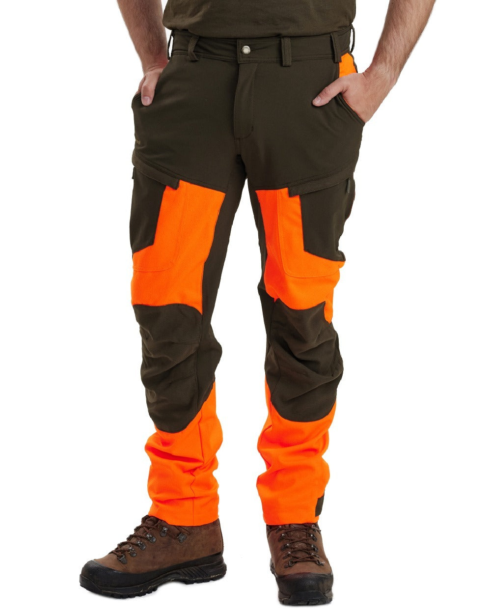 Orange coloured Deerhunter Strike Extreme Trousers on white background 