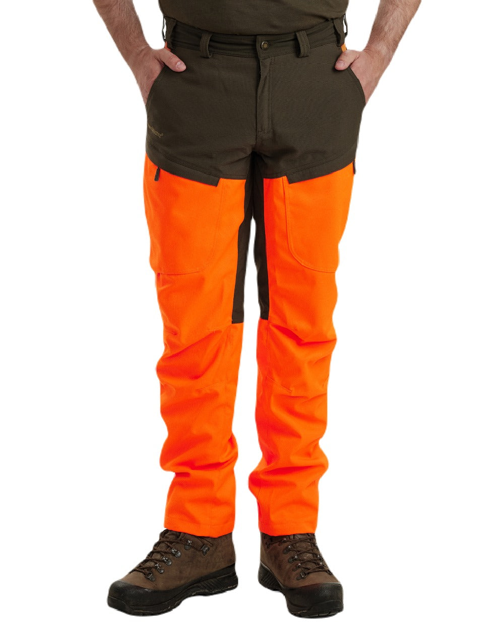 Orange coloured Deerhunter Strike Extreme Waterproof Trousers With Membrane on white background 