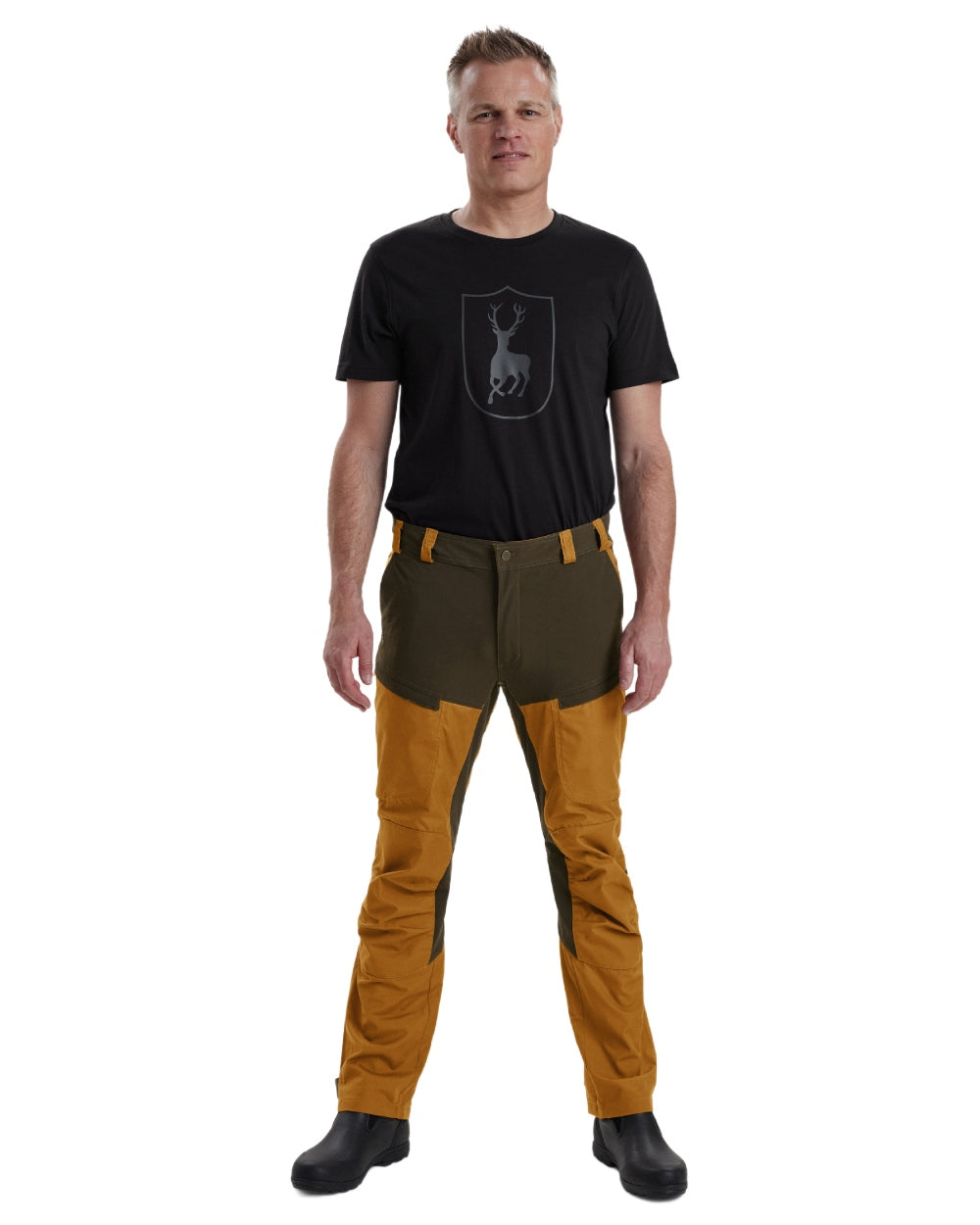 Bronze coloured Deerhunter Strike Trousers on white background 