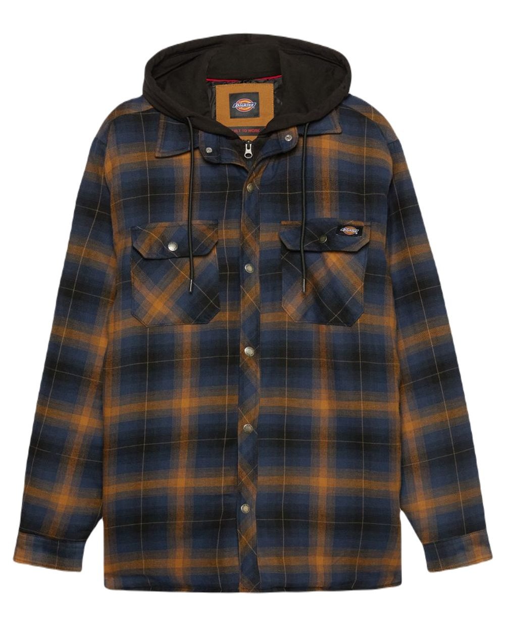 Navy Brown Dickies Fleece Hood Flannel Shirt Jacket on white background 