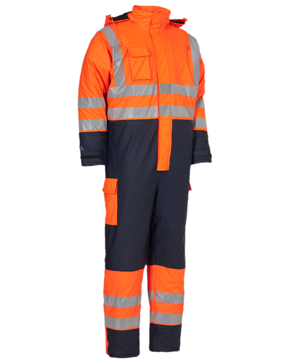 Fluorescent Orange Navy Coloured Dry Zone Visible Thermal Coverall on white background 