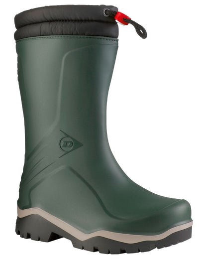 Heritage Green Black coloured Dunlop Blizzard Wellingtons on white background 