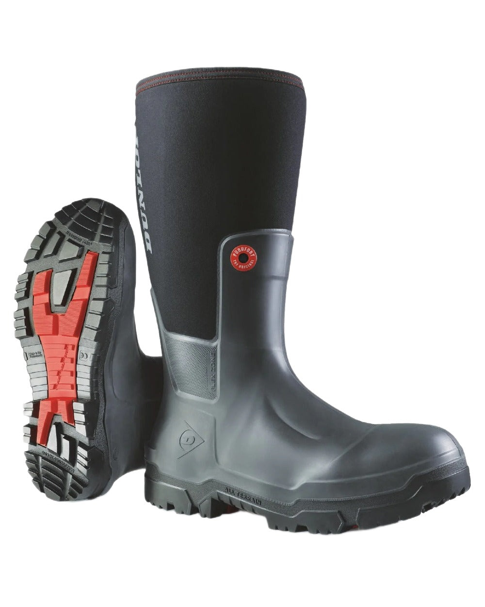 Black Coloured Dunlop Snugboot Pioneer Wellingtons on white background 