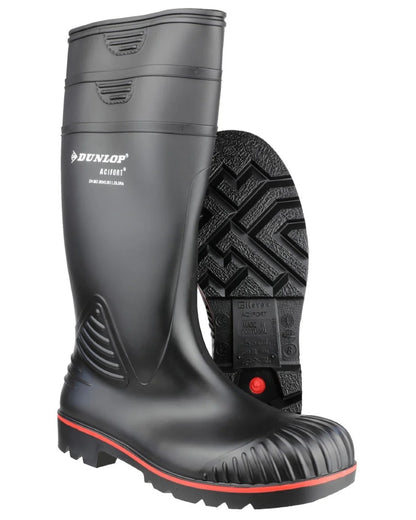 Black coloured Dunlop Acifort Heavy Duty Full Safety Wellingtons on white background 