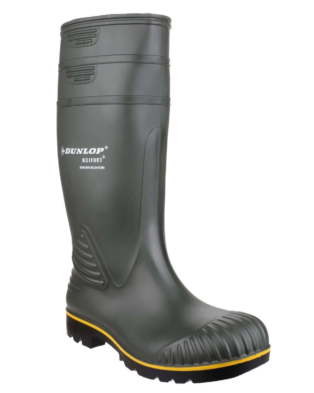 Green coloured Dunlop Acifort Heavy Duty Non Safety Wellingtons on white background