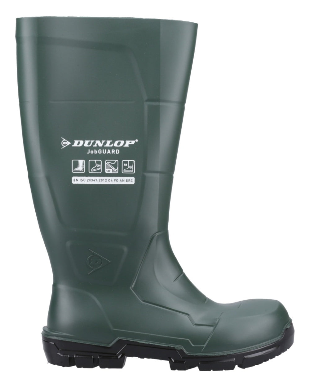Heritage Green coloured Dunlop JobGuard Wellingtons on white background