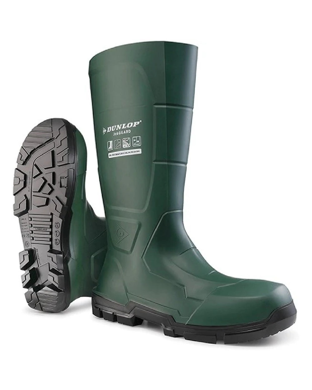 Heritage Green coloured Dunlop JobGuard Wellingtons on white background