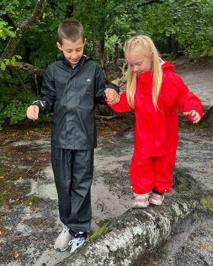 Black Coloured Elka Childrens Rain Set on forest background 