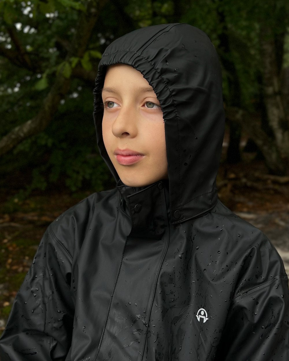 Black Coloured Elka Childrens Rain Set on forest background 