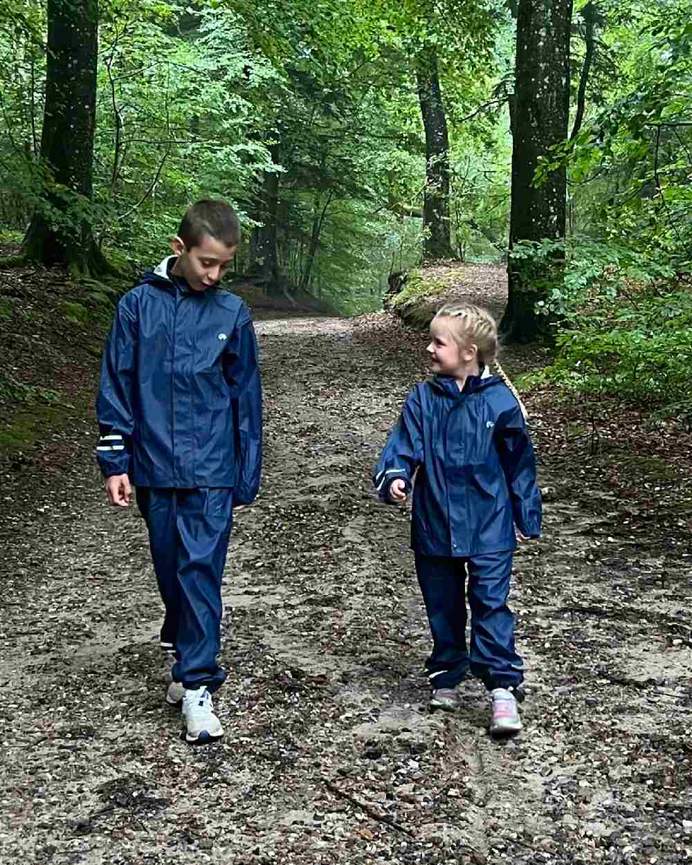 Navy Coloured Elka Childrens Rain Set on forest background 