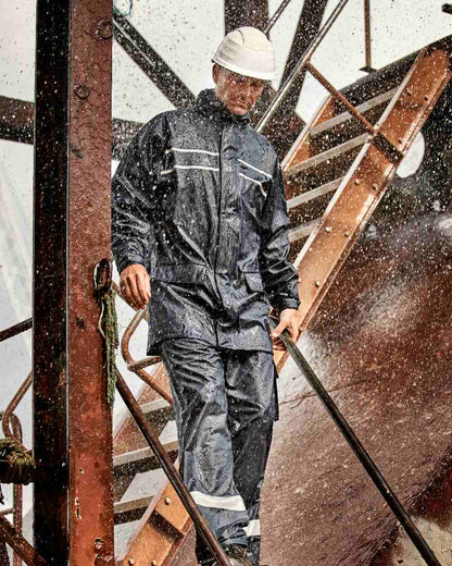 Navy Coloured Elka Mens Dry Zone D-Lux PU Long Rain Jacket on stairs background 