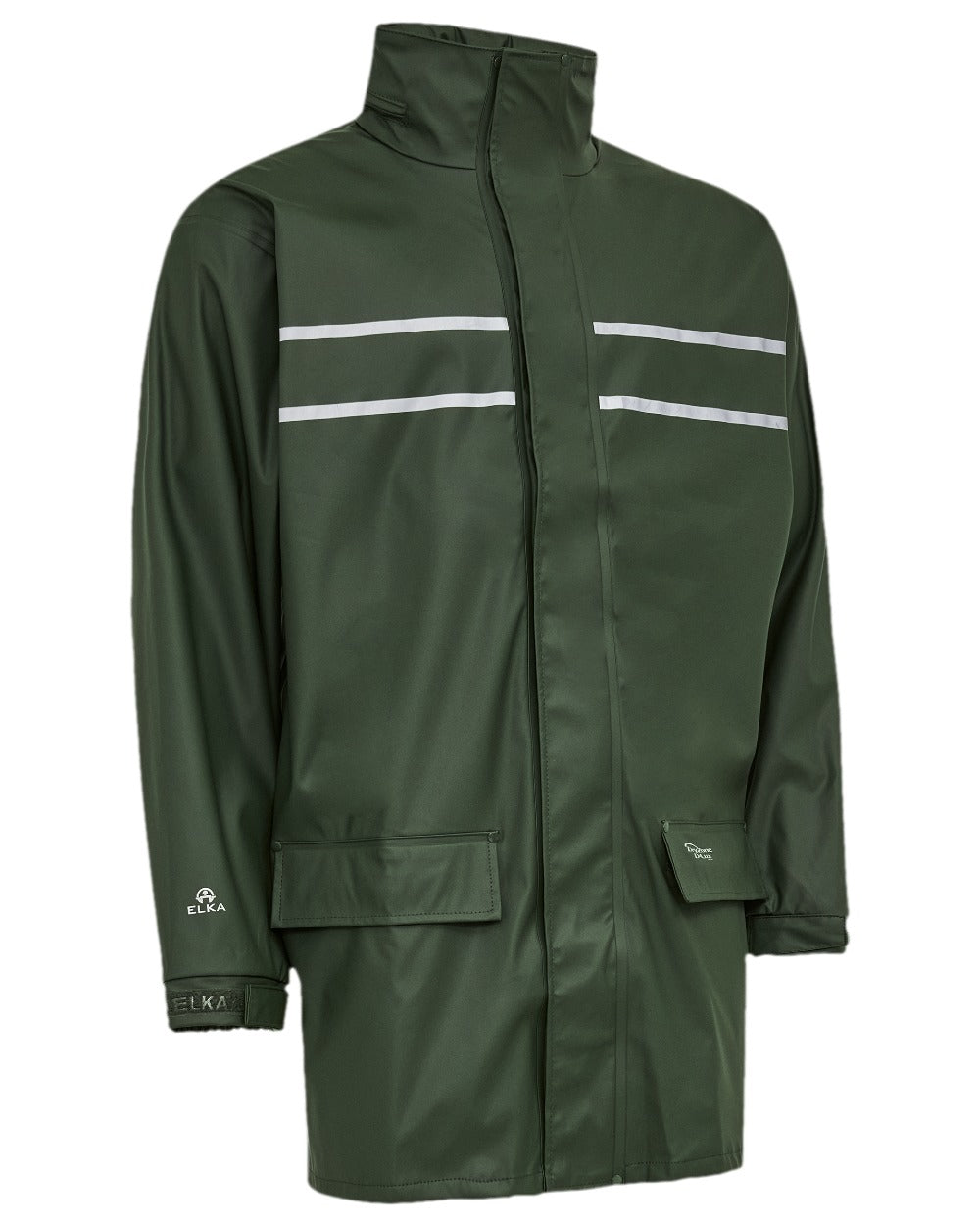 Olive Coloured Elka Mens Dry Zone D-Lux PU Long Rain Jacket on white background 