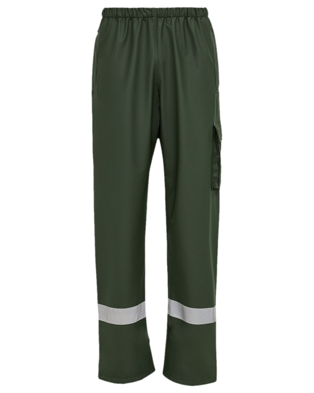 Olive Coloured Elka Mens Dry Zone D-Lux Rain Trousers With Reflective Stripes on white background 