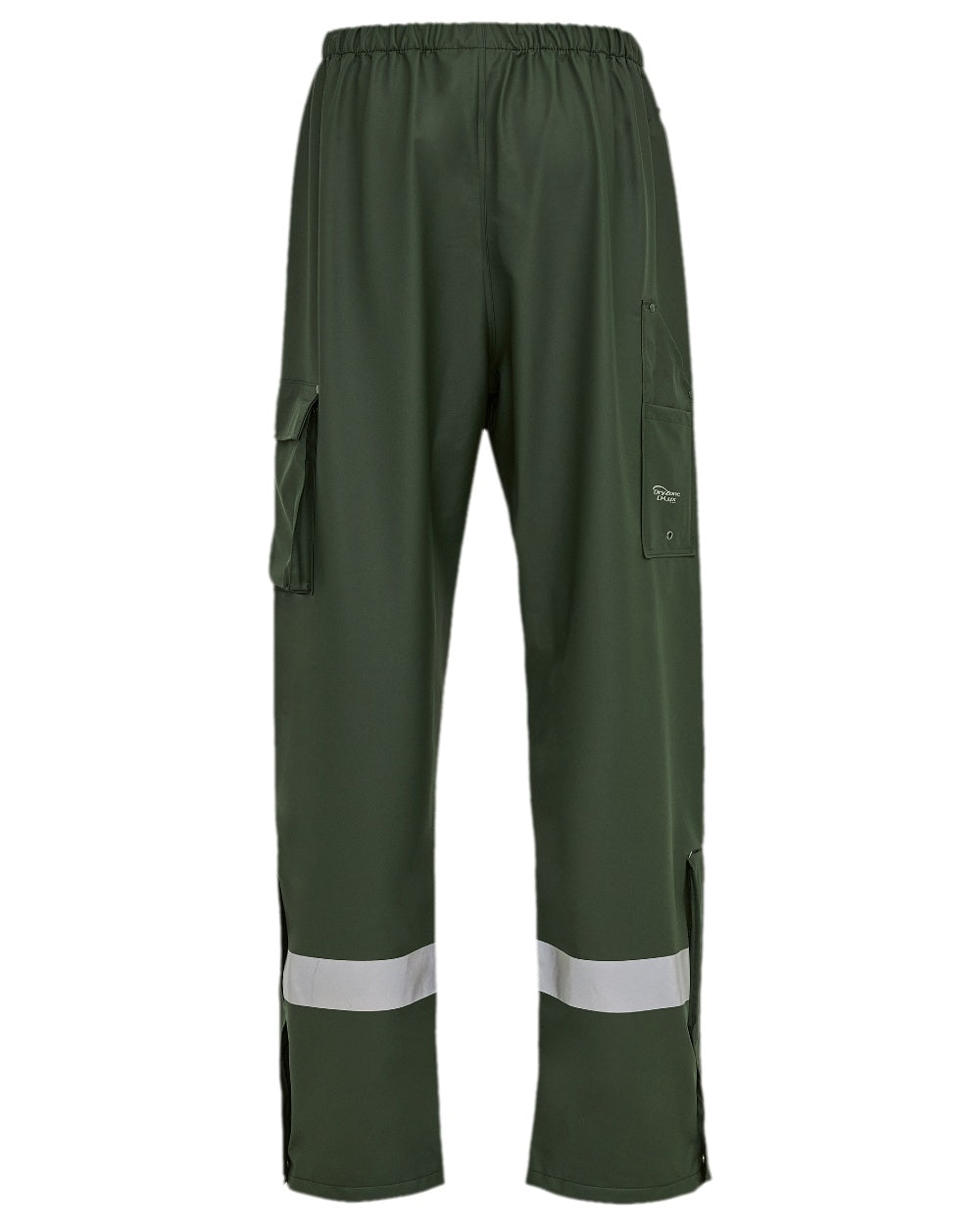 Olive Coloured Elka Mens Dry Zone D-Lux Rain Trousers With Reflective Stripes on white background 