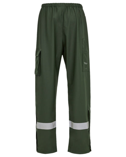 Olive Coloured Elka Mens Dry Zone D-Lux Rain Trousers With Reflective Stripes on white background 