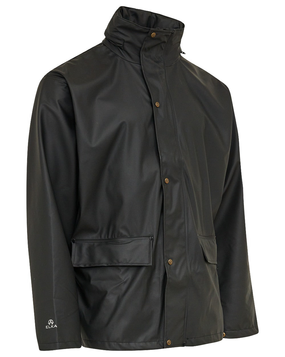 Black Coloured Elka Mens Dry Zone PU Rain Jacket on white background 